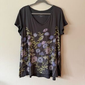 J. Jill Floral V-Neck Short Sleeve 100% Pima Cotton Shirred-Back Elliptical Tee